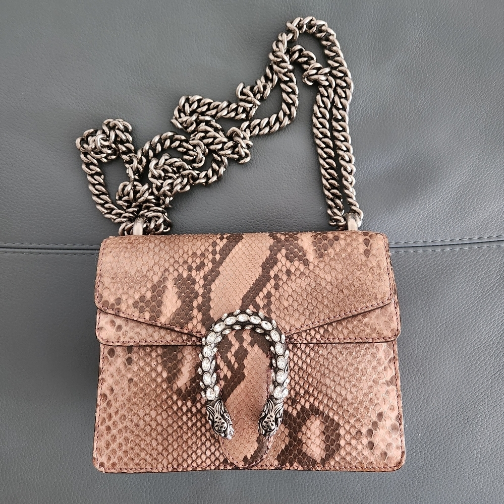 Gucci Pink/Brown Snake Embossed Shoulder Bag with Silver Chain